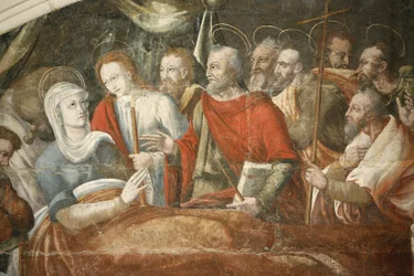 フォントヴロー（フォントヴロー）修道院の章の家の絵：1563年頃にトマス・ポットが描いたマリアの死（詳細）、フランス、フォントヴロー
