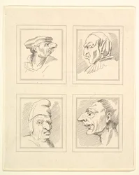 Leonardo da VinciによるCharacaturasからの4つの頭、Wincelslaus Hollarによる図面から、...、1786年。