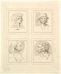 Leonardo da VinciによるCharacaturasからの4つの頭、Wincelslaus Hollarによる図面から、...、1786年。