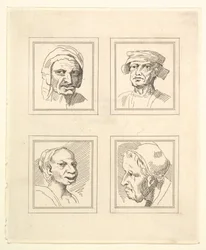 Leonardo da VinciによるCharacaturasからの4つの頭、Wincelslaus Hollarによる図面から、...、1786年。