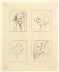 Leonardo da VinciによるCharacaturasからの4つの頭、Wincelslaus Hollarによる図面から、...、1786年。
