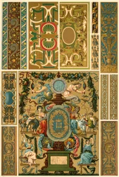 フランス ルネッサンスの壁画、多色塗装の彫刻、織物、本の表紙、1898 年。