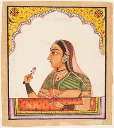 一連の女性の肖像画から：バラを抱いたjharoka窓の女性c。 1730
