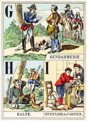 GHI：憲兵隊、ハルト、ゲームバッグの在庫-ハンティングアルファベット、1890年頃（彫刻）