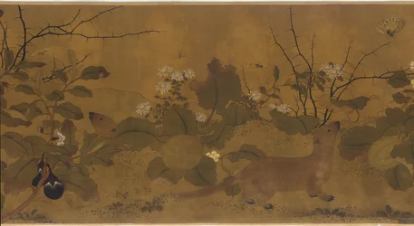 庭の風景: メロン、ナス、花、2 匹のイタチ、1368 年から 1644 年。