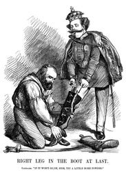 1860年、ビクターエマニュエルIIがイタリアのブーツを履くのを手伝ったジュゼッペガリバルディ
