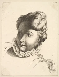 18世紀、Livre deTêtesGravéesdapres F. Boucher et ...のラフを着た女性の頭。