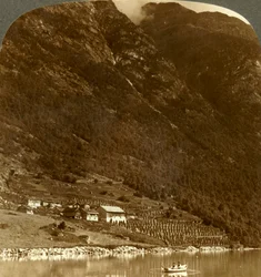 ノルウェーのローエン湖のE.海岸にある山のふもとにたたずむ養蜂場。c1905。