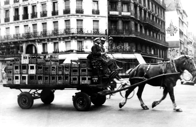1940年7月、ドイツが占領したパリの飲み物の箱を運ぶ馬車