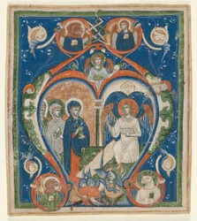 Antiphonary：The Three Marys at the Tombの頭文字A [ngelus Domini descendit]、c1280-1300。