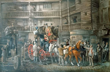 メールコーチが出発する準備をしているインヤード、c1840