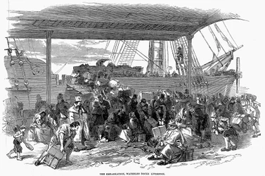 ウォータールードック、リバプール、1850年にアメリカに着陸するアイルランドの移民