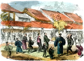 横浜の通りで羽子板と羽根の日本のゲーム、1865