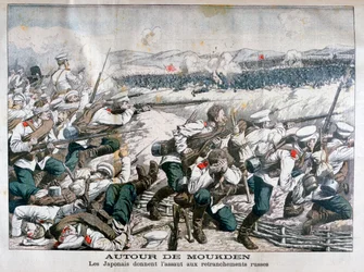 1904年10月、満州、奉天、ロシアの塹壕を攻撃する日本軍