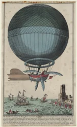 1785年、熱気球でイギリス海峡を渡った後、カレーに到着したジャンピエールブランチャードとジョンジェフリーズ