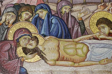 アリマタヤのヨセフの新しい墓に寝かされたイエス、イエス・キリストの埋葬を描いたモザイクアートの詳細、聖墳墓教会、エルサレム、イスラエル