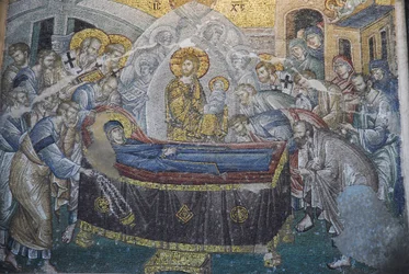 Kariye Camii (St Sauveur In Chora church) のフレスコ画。ドミション（マリアの死）、イスタンブール、トルコ