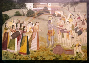 ホーリーの春祭りを祝うクリシュナ、c1770-1780
