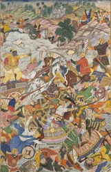 敵と戦うクリシュナとバララーマ、ハリヴァムサのフォリオ ハリヴァムサの伝説...、c1590-95。
