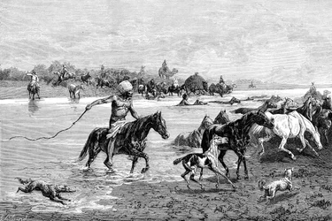 川を渡るキルギス、キルギスタン、1895