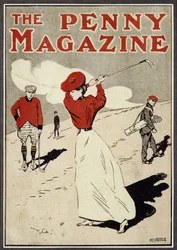 「The Penny Magazine」の表紙でスイングする女性ゴルファー、c1900