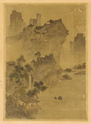 風景: 水に突き出た崖 - パビリオンと松、おそらく明王朝、1368-1644。