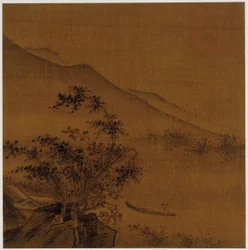 風景: 丘の中腹、岩、木、家、ボート、明王朝、1368-1644。