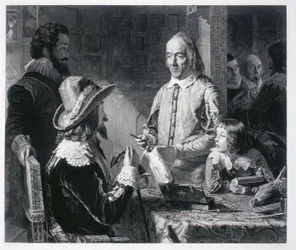 イギリスの医師ウィリアム・ハーヴェイ（1578-1637）が、イギリス王チャールズ1世スチュアート（1600-1649）に血液循環の理論を示したもの。