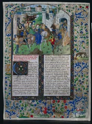 Jehan de Courcysユニバーサルクロニクルの葉：Priam王とHelenおよびParisが出会う...、c。 1470。