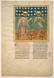 Beatus Manuscript からのリーフ: The Fourth Angel Sounds the Trumpet and a Eagle..., ca. 1180年。