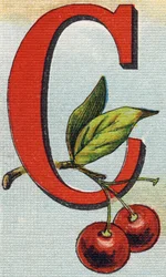 文字C：チェリーAlphabet de ma petite fille "に掲載された版画。Bernardin-Bechet and Fils, bookseller-publishers, Paris, around 1895.キャンバス地にアンブレイカブル・アルバム。Bibliotheque des Bebes.12ページ。読書法とイラスト入りのアベレージを収録したアルバム