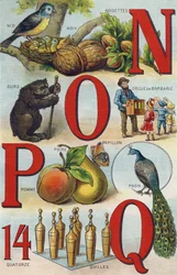 文字 N O P Q；巣；ヘーゼルナッツ；とげのあるオルガン；熊；クジャク；蝶 リンゴ ナシ；鉢。『私の小さな娘のアルファベット』所収の版画。書店出版社ベルナルダン＝ベシェ・エ・フィス、パリ、1895年頃。布張りの壊れないアルバム。ビブリオテーク・デ・ベベ