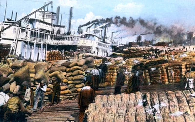 船、メンフィス、テネシー州、米国、c1900年代への綿の積み込み