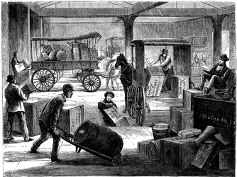 1875年に米国ニューヨークのウェルズファーゴ総合事務所で馬車を積み込む