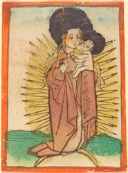 三日月の上に立つ栄光のマドンナと子供、c。 1470年。
