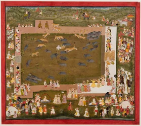 マハラジャサングラムシンと彼の裁判所は、サドリでトラとイノシシの間の戦いを観察します。 1720。
