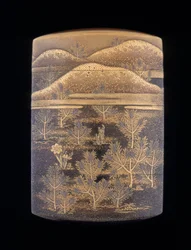 様式化された松の木と丘で飾られた蒔絵漆印籠、江戸時代後期、日本、1750-1850