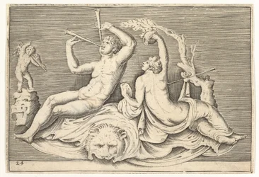 Lionskinで2つのフルートと女性を演奏する男性、ca。 1599-1622。