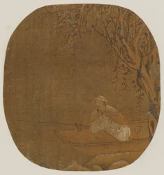 木の下で船から釣りをする男、おそらく明代、1368～1644年。