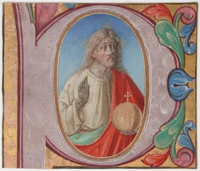 16 世紀初頭の聖歌隊の本から、イニシャル P で Salvator Mundi が描かれた原稿照明。