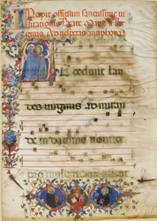 頭文字Aの「訪問」とCardinal Adam Easton...が描かれた写本の葉、約1400年。