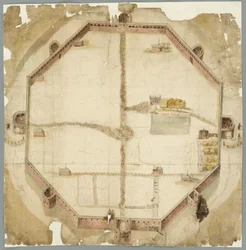 1530 年の地図で、オランダのハーグで計画されたものの実行に移されなかった壁を示しています