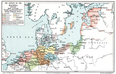 約1400年のハンザ同盟の範囲の地図