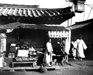 市場の屋台、韓国、1900