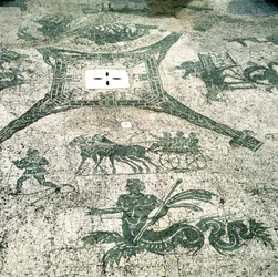 モザイク、ラバで引っ張るカート、旅行者、Cisarii。 c1st Century