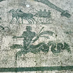 モザイク、ラバで引っ張るカート、旅行者、Cisarii。 c1st Century AD