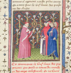 Ms 251 f.135r 1415年頃の「Des Proprietez des Choses」より5人の男性、1人が天球を持っている（ヴェラム製