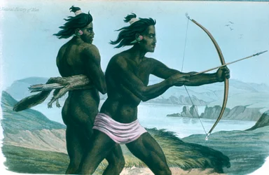 北アメリカのサンフランシスコのインディアンが弓矢で狩り、c1840