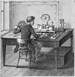 1887年に電気印刷電信でモールス信号でメッセージを受信したオペレーター
