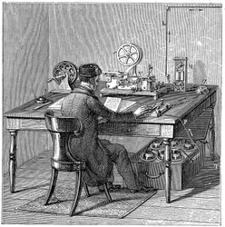 モールス電気印刷電信でメッセージを送信するオペレーター、1887年